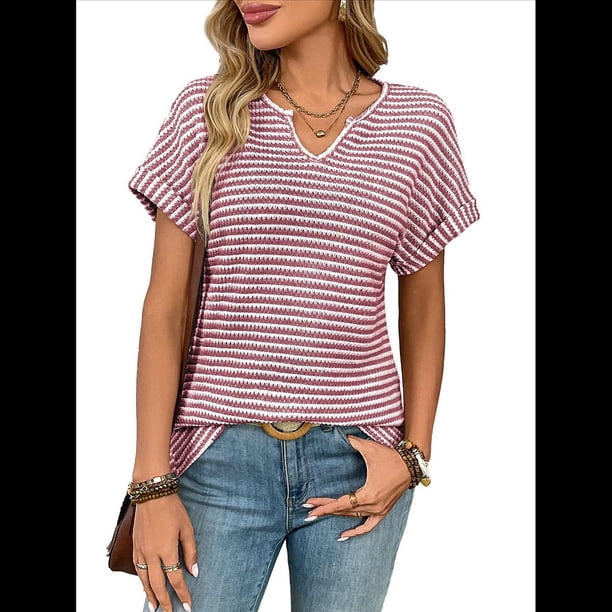 Blusas Elegantes e Informales de Corta para Mujer, Modernas, de Verano, con Cuello en V, Holgadas y A Rayas. Vino Tinto S