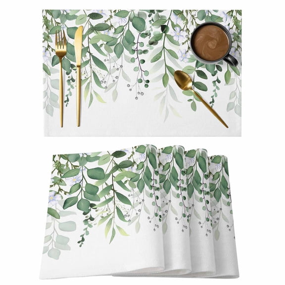 Green Leaves Placemats Set of 8, Summer Botanical Placemats for Dining Table, Place Mats for Kitchen Tabletop, Waterproof Wipeable Dining Table Mats Set