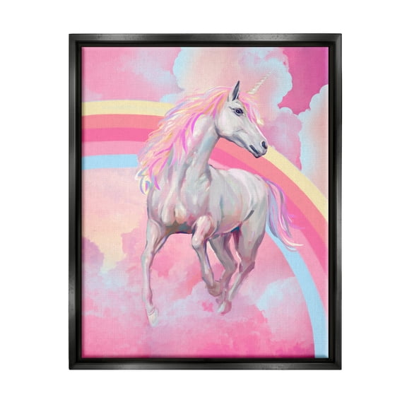 Stupell Industries Pink Unicorn & Clouds Fairy Tales & Fantasy Painting Black Floater Framed Canvas Art Print Wall Art, 17 x 21