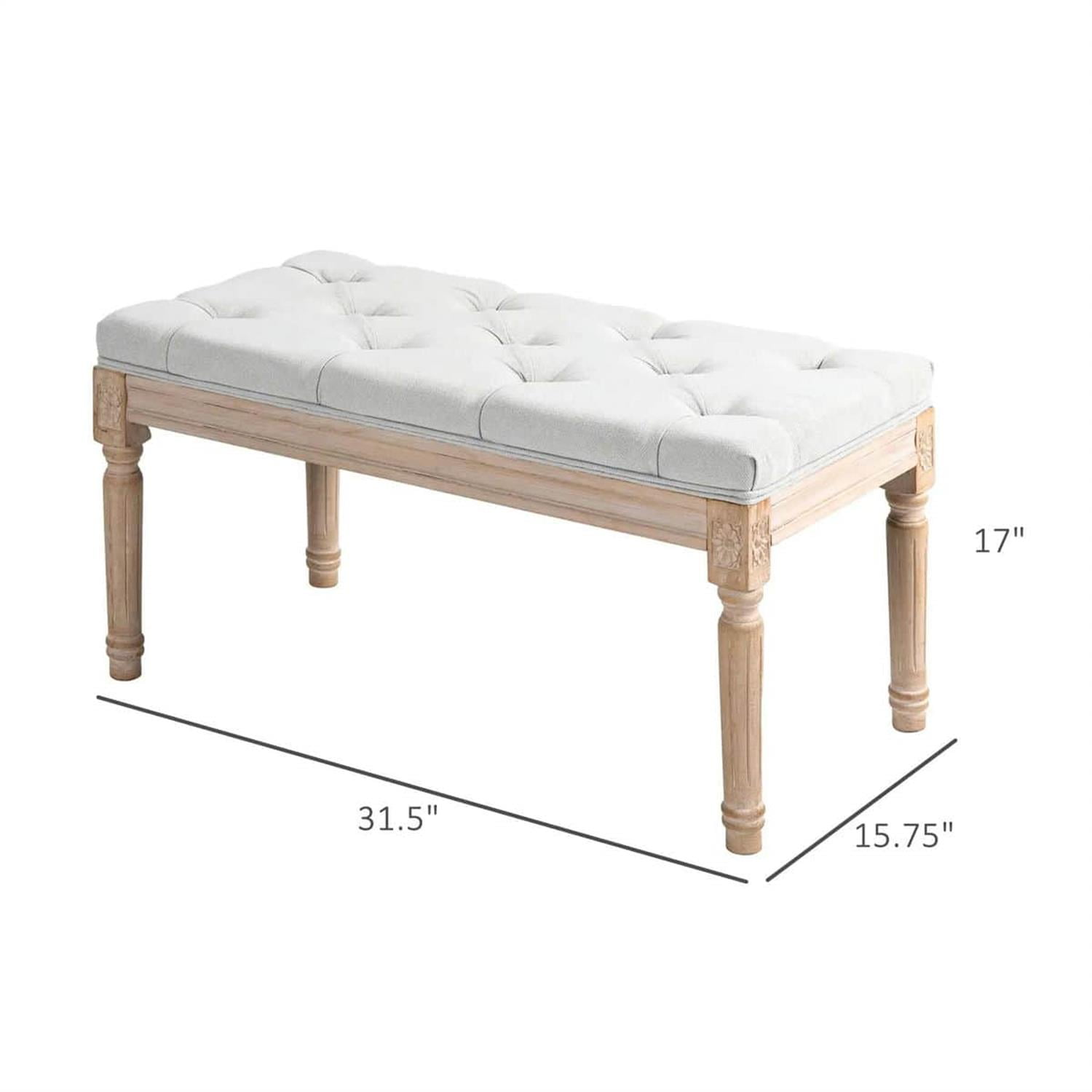 Demi Bonn 32" Luxe Linen Upholstered Bench, Thick Cushioned End of Bed Bench with Wooden Legs for Bedroom Seating, White