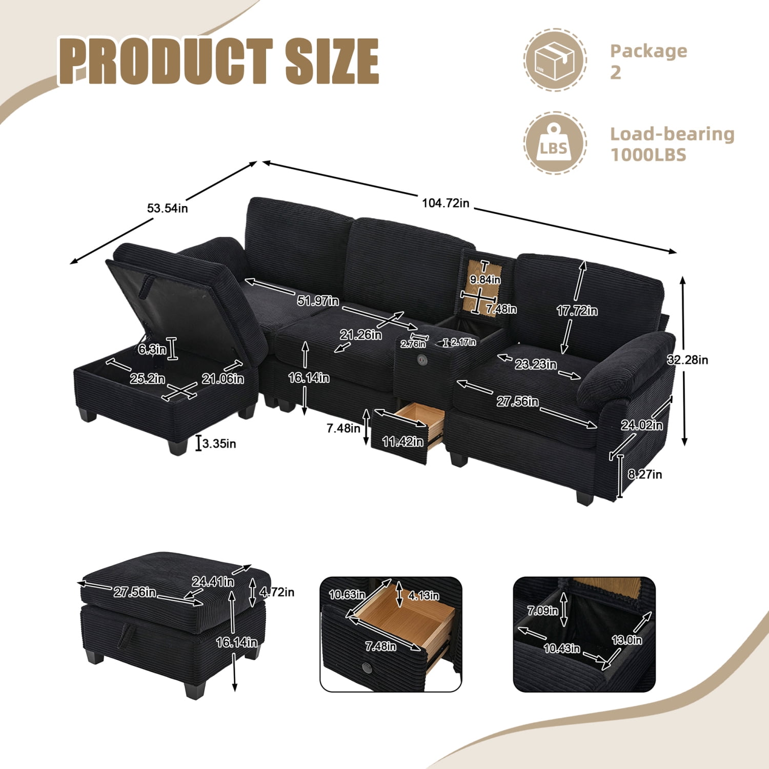 Leumius L-Shaped Sectional Sofa for Living Room,105" Modular 4-Seater Upholstered Sofa Couch with Cup Holder/USB Interface/Storage Box,Black