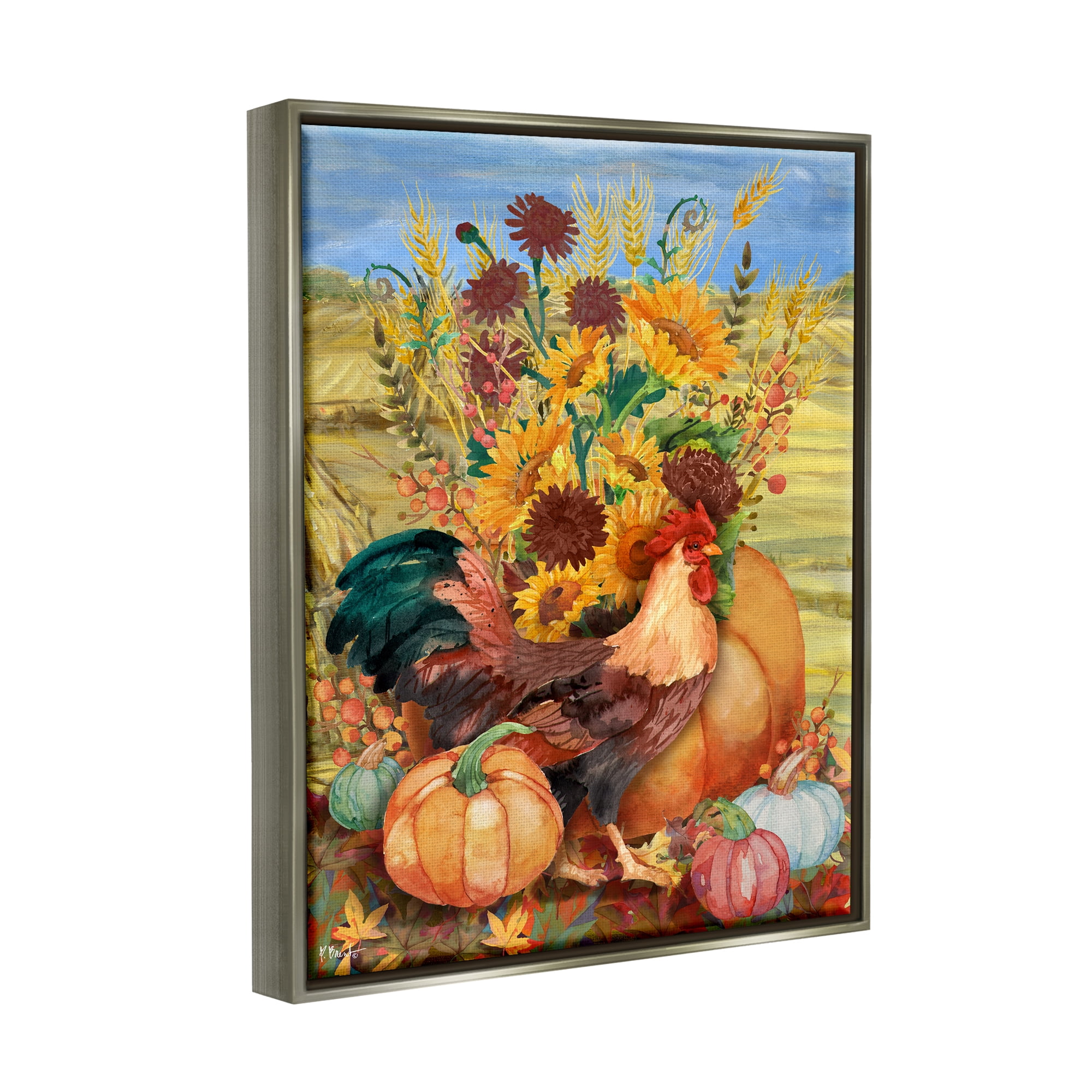 Stupell Industries Autumnal Rooster & Sunflowers Animals & Insects Painting Gray Floater Framed Canvas Art Print Wall Art, 17 x 21