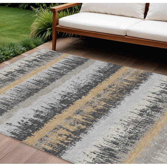 HomeRoots 598356 9 x 12 ft. Gray, Brown & Beige Striped Washable Indoor & Outdoor Rectangle Area Rug