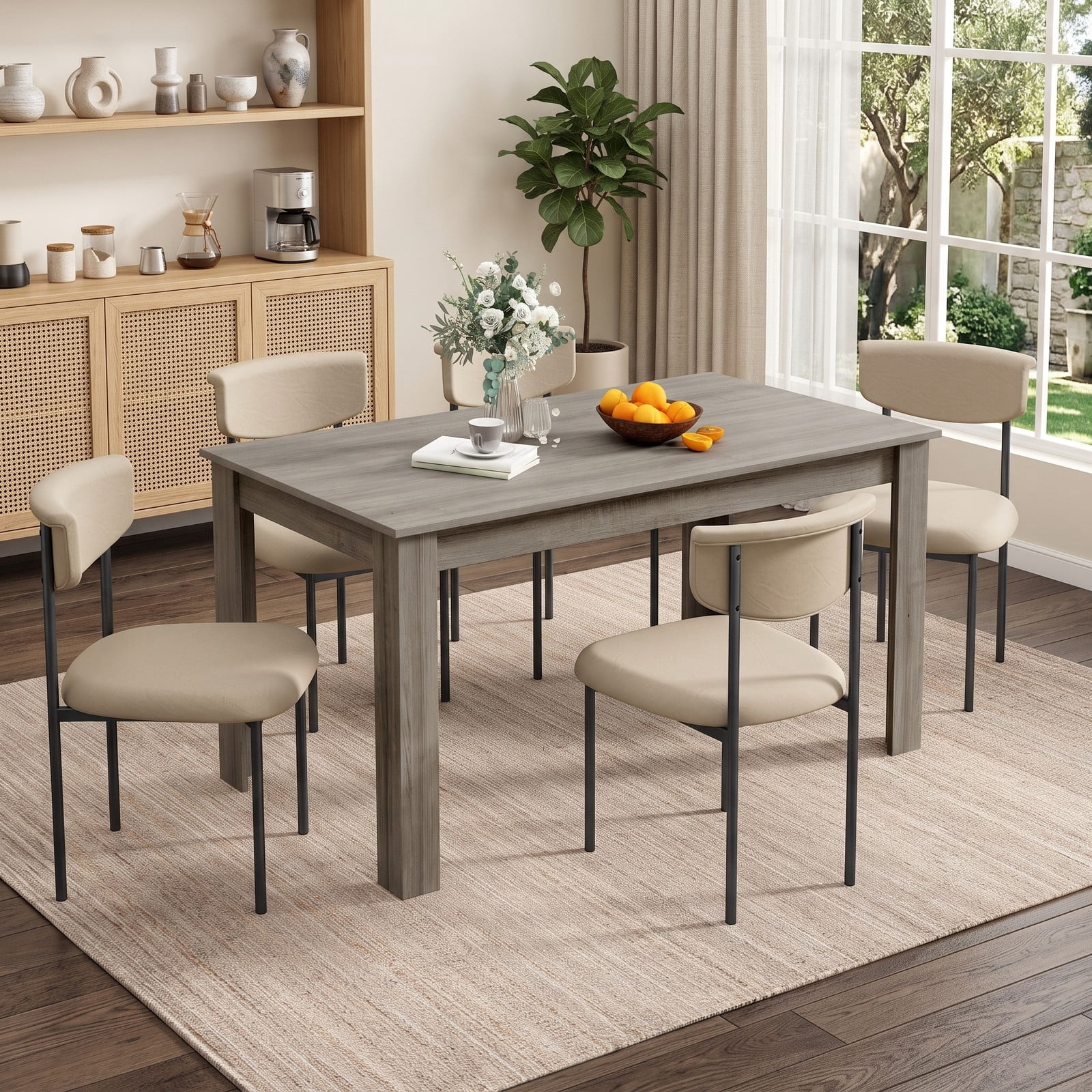 Furnibear 63 Inch Rectangular Modern Dining Table, Engineered Wood Kitchen Table for 6, Spacious Rectangle Dinner Table with Sturdy Wood Legs for Dining, Light Gray