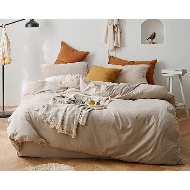 3 Piece Beige Apricot Microfiber Queen Duvet Cover Modern Minimalist