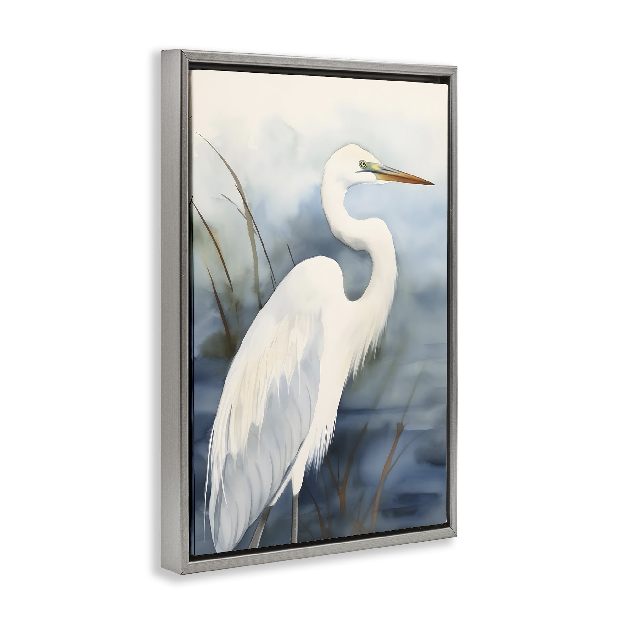 Stupell Industries Soft Egret Impression Animals & Insects Painting Gray Floater Framed Canvas Art Print Wall Art, 21 x 31