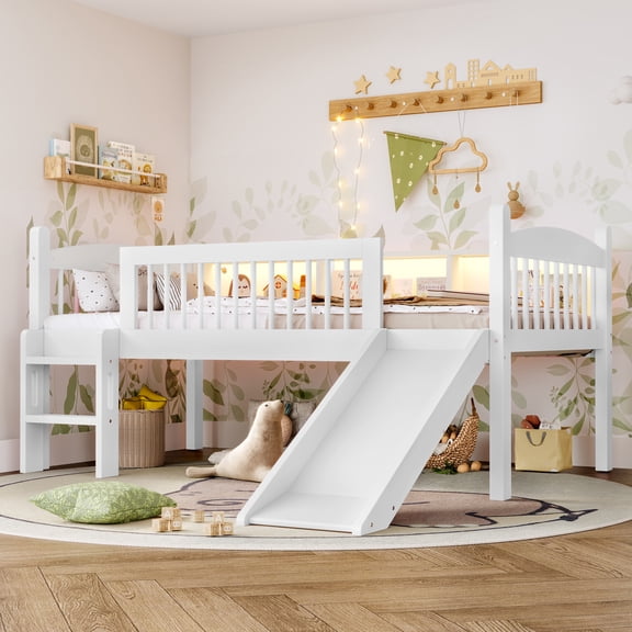 Bed Frame Twin XL Loft Bed with Storage Shelves, Solid Wood Lower Loft Bed with LED Lights and Full-length Guardrails, No Box Spring Needed, White
