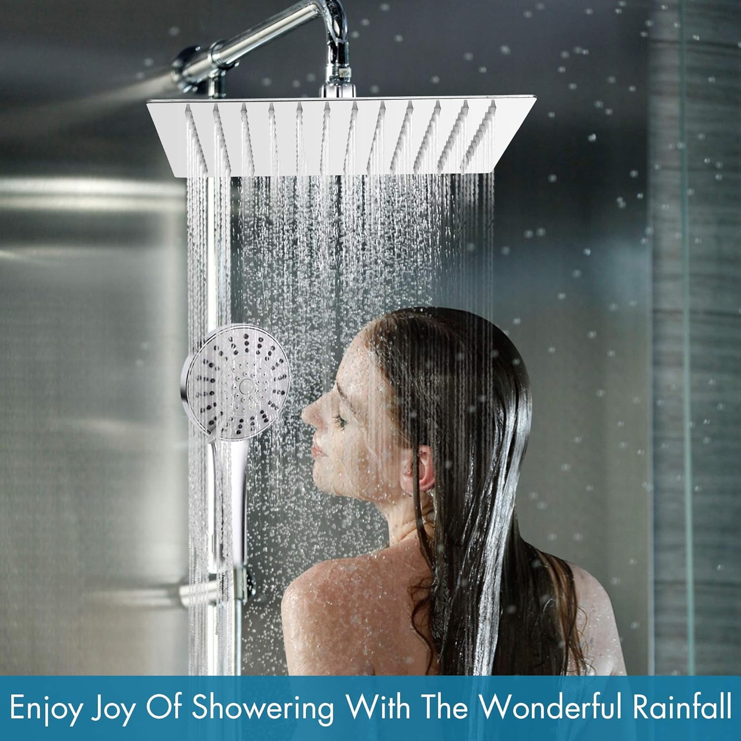 Sleek Square Stainless Steel Rain Shower Head, Waterfall Bath for Ceiling or Wall Mount, Leak Proof with Rust Protection, Easy Install, Self-Cleaning Silicone Nozzles (10 Inch)