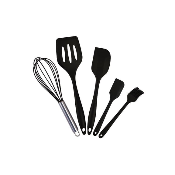 5 Pcs Silicone Cooking Utensils Set,Heat Resistant 446°F,Food Grade Silicone Kitchen Utensils,Non-Stick Cookware Safe,Dishwasher Safe Cooking Tools with Hanging Holes for Frying Baking(Black)
