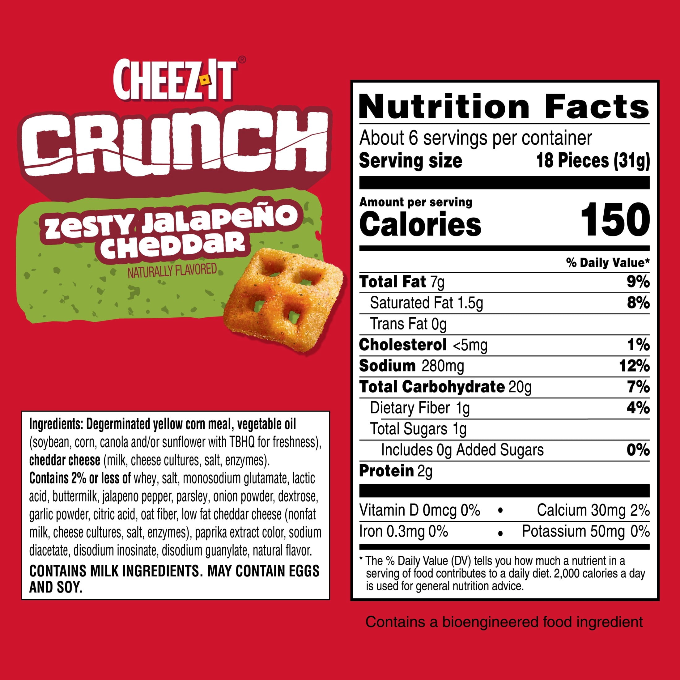 (6 pack) Cheez-It Crunch Zesty Jalapeno Cheddar Cheesy Baked Snacks, Lunch Snacks, 6.5 oz