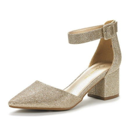 

Dream Pairs Women Fashion Pump Shoes Ankle Strap Pointed Toe Low Chunky Dress Shoes ANNEE GOLD/GLITTER Size 7.5
