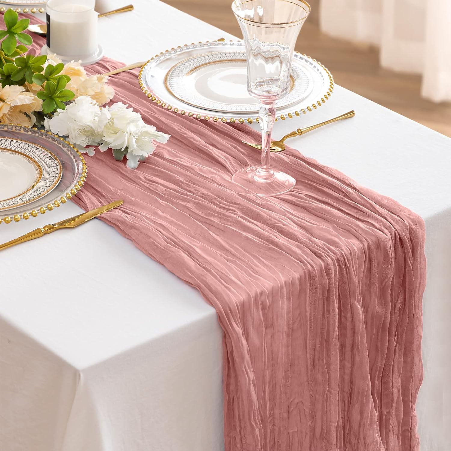 HBlife 10 Pack Dusty Blush Cheesecloth Table Runner, 35 x 120 Inch Boho Gauze Table Runner Rustic Romantic Long Table Runner for Wedding Party Bridal Birthday Baby Shower Table Decorations