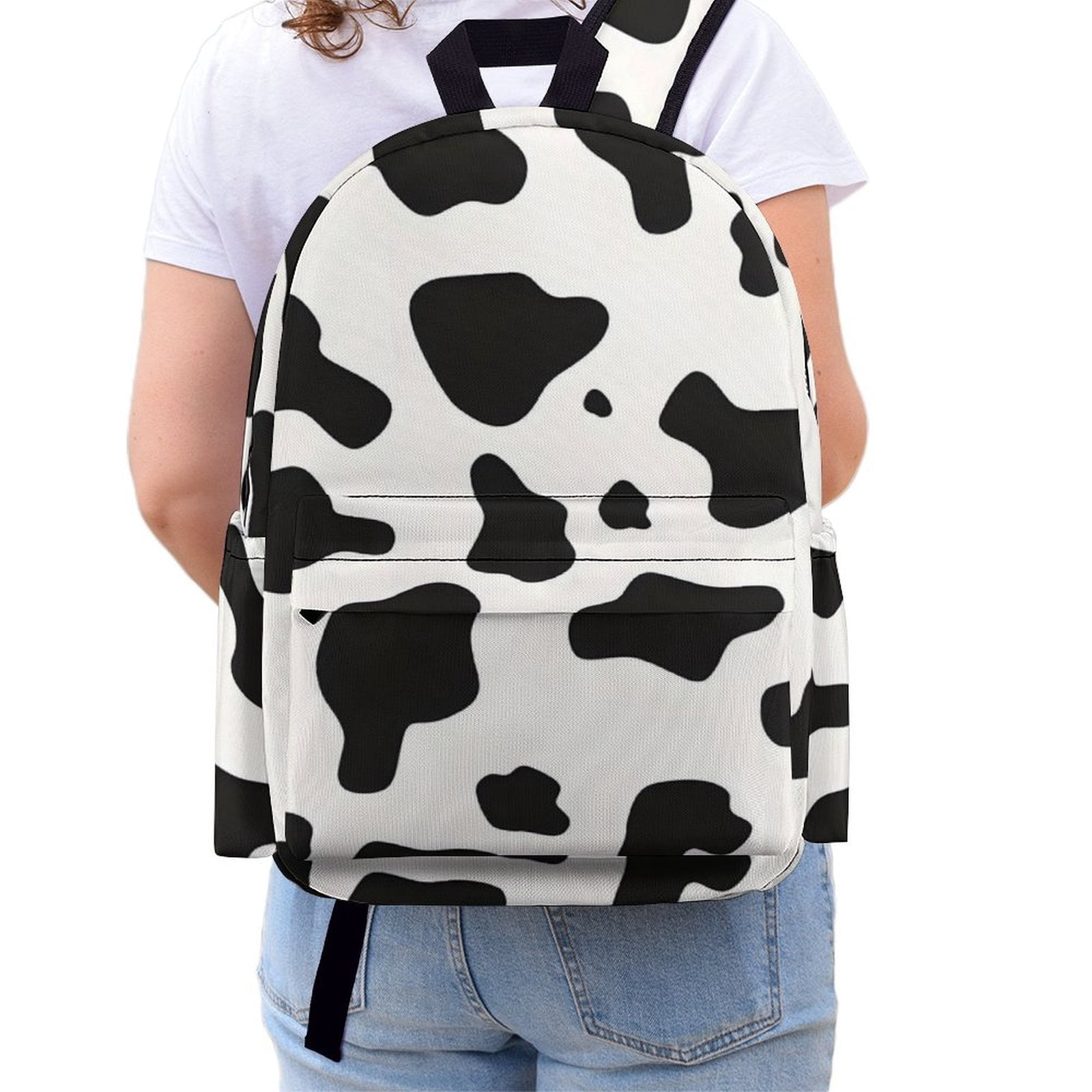 Large Capacity Half Print Backpack 11.8×16.5×5.9in Multifunctional Zipper Design Convenient Switch Simple Cow Print Pattern, Vector Art Style_1