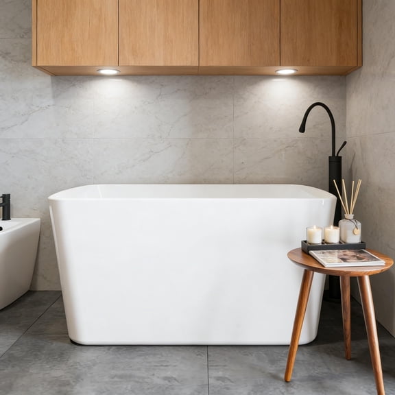 49" Freestanding Acrylic Bathtub, Deep Soaking Stand Alone Tub for Small Spaces – White with Chrome Overflow & Drain