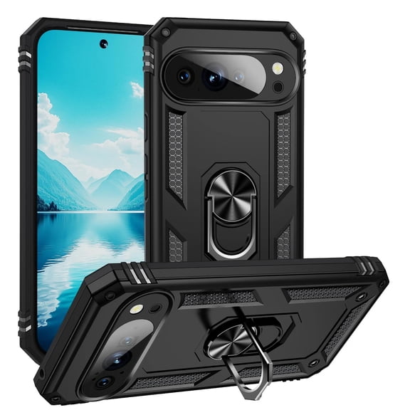 TJS Phone Case for Google Pixel 11 / Pixel 11 Pro, Impact Resistant Metal Ring Magnetic Support Kickstand Drop Protector Cover (Black)
