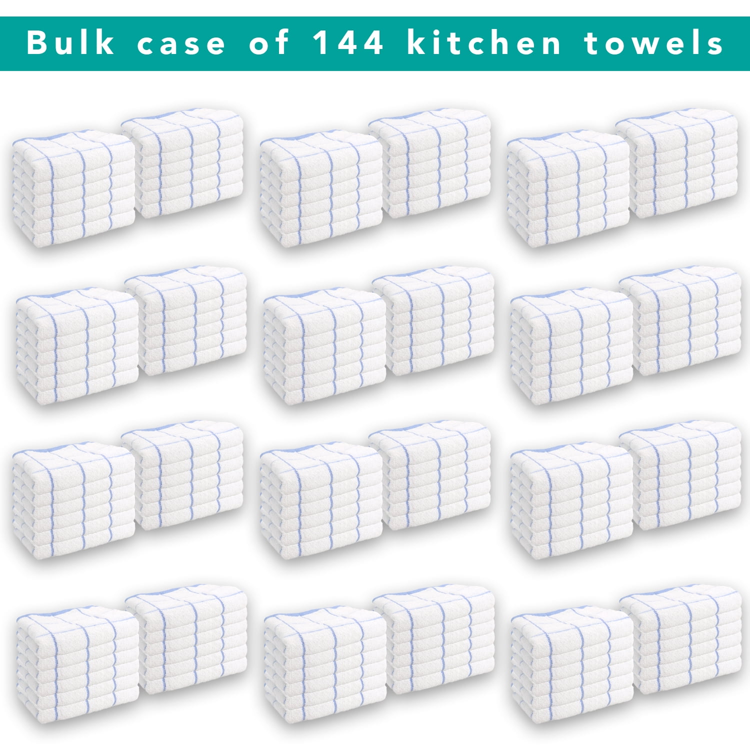 Arkwright Kitchen Towels (Bulk Case of 144), 15 x 25 in., 100% Cotton, Blue & White Windowpane Pattern