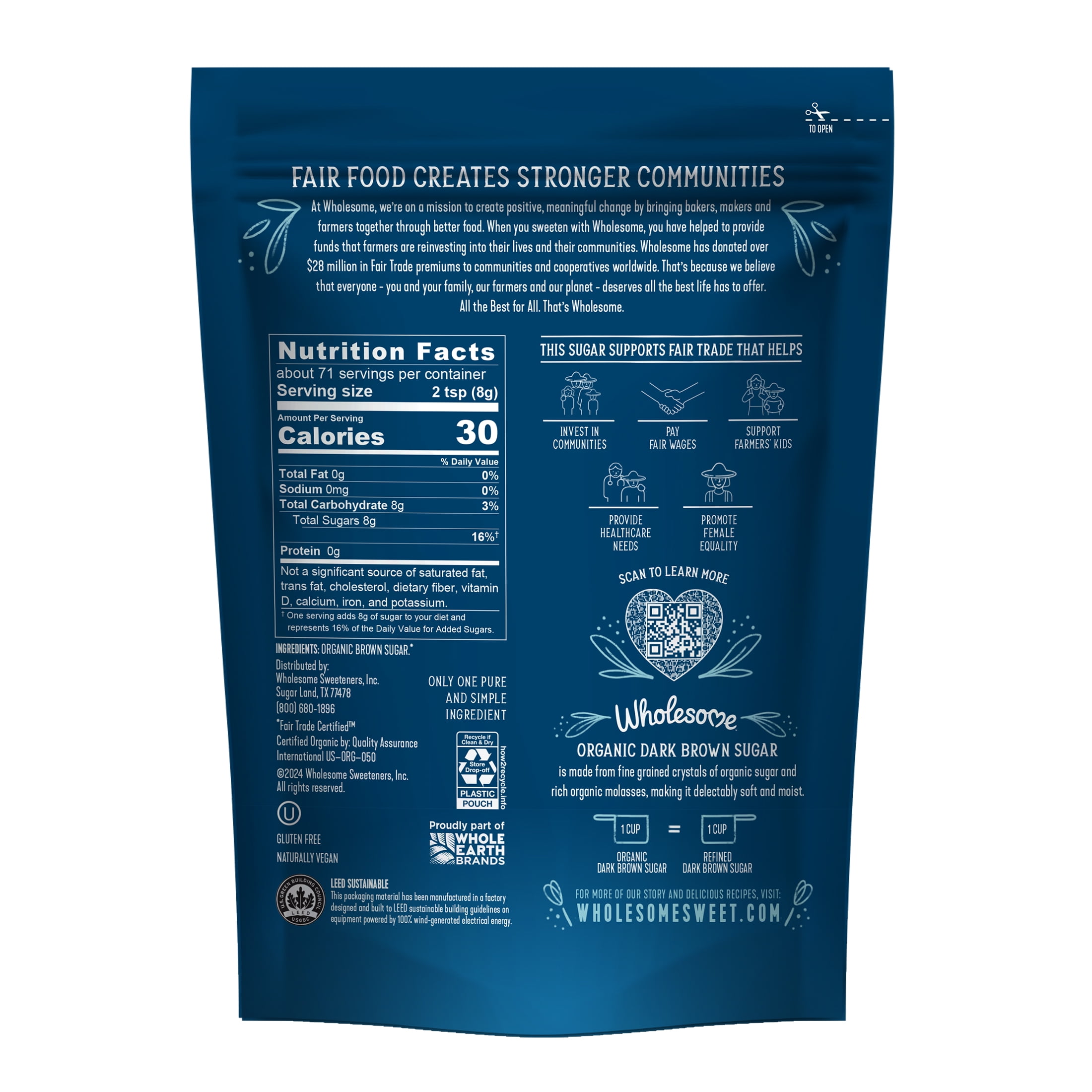(3 pack) Wholesome Organic Fair Trade Dark Brown Sugar, 20oz Resealable Pouch, Great for Baking & Sweetening