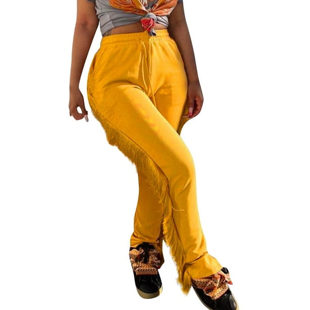 nsendm Female Pants Adult Track Pants Women Women's Casual Fashion Solid  Color Warm Sweatpants Split Tassel Women's Casual Dress Pants for(Yellow, L)