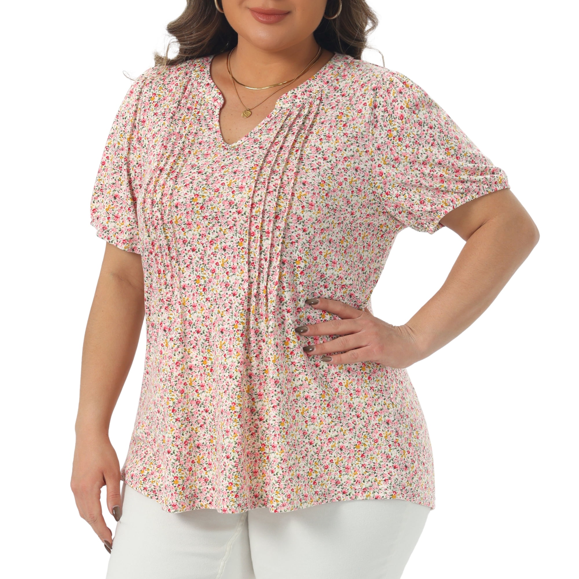 Women's Plus Short Sleeve Pleated T-Shirts Notched V Neck Floral Tops 2X Pink