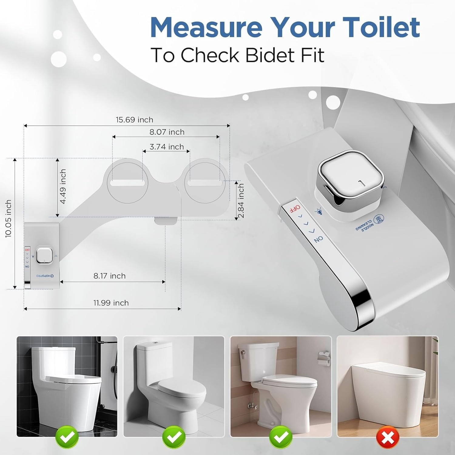 Bidet with Single Finger Water Pressure Control, Self Cleaning Hygienic Dual Nozzle (Feminine/Rear Wash), Non-Electric Bidet Attachment for Toilet Seat, Easy DIY Install <5 Min -White