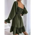 thumbnail image 3 of Women'S Square Neck Lantern Long Sleeve Ruffle Shirred Flowy Party Mini Dress  Green XXL, 3 of 8