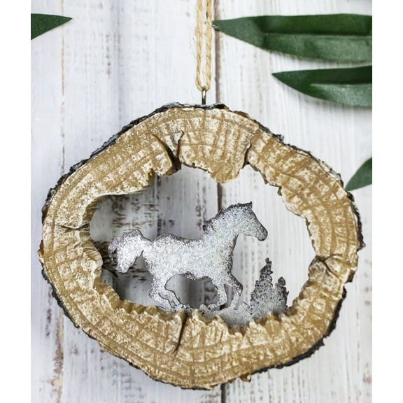 Rustic Western Wild Horse Faux Wood Log Slice Set of 4 Christmas Tree Ornaments