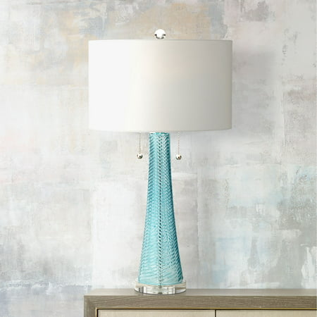 Possini Euro Design Modern Table Lamp Light Aqua Blue Textured Glass White Drum Shade for Living Room Family Bedroom
