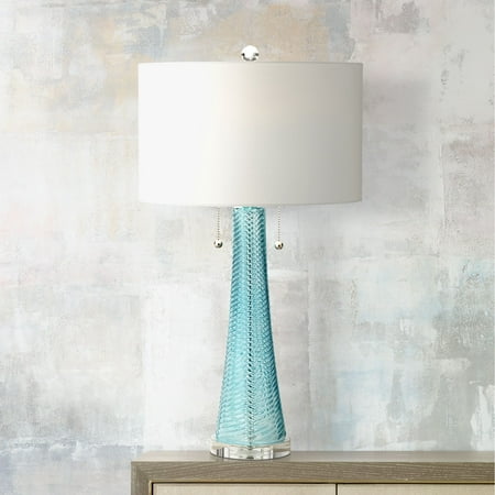 Pbteen Room Design Possini Euro Design Modern Table Lamp Light Aqua Blue Textured Glass White Drum Shade for Living Room Family Bedroom Bedside ()