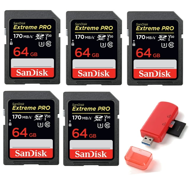 64GB SecureDigital Extreme PRO SDXC UHS-I Card C10,U3,V30 170MB/s - Pack of 5 - with Memory Card Reader