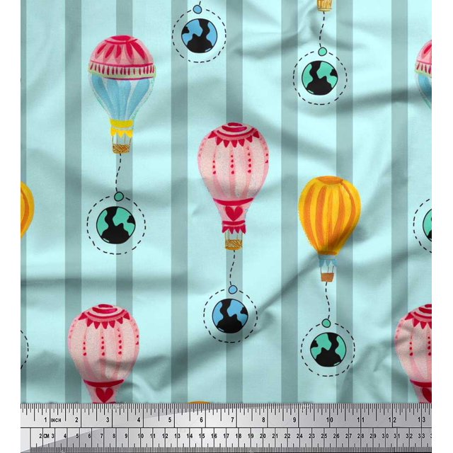 Soimoi Velvet Fabric Stripe & Hot Air Balloon Holiday Print Fabric by Yard 58 Inch Wide