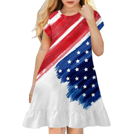 

CLZOUD Girls A Line Casual Dress Purple Polyester Spandex Toddler Kids Girl Fourth of July Independent Day Star Stripes Prints Short Sleeves Party Princess Dress 130