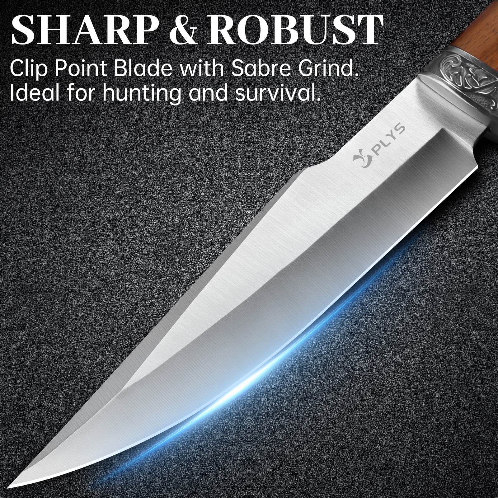 Plys Fixed Blade Hunting Knife, 6.6 inch Full Tang Outdoor Tactical Survival Knife with Nylon Sheath, Wooden Handle, Camping Hunting Essentials Gear
