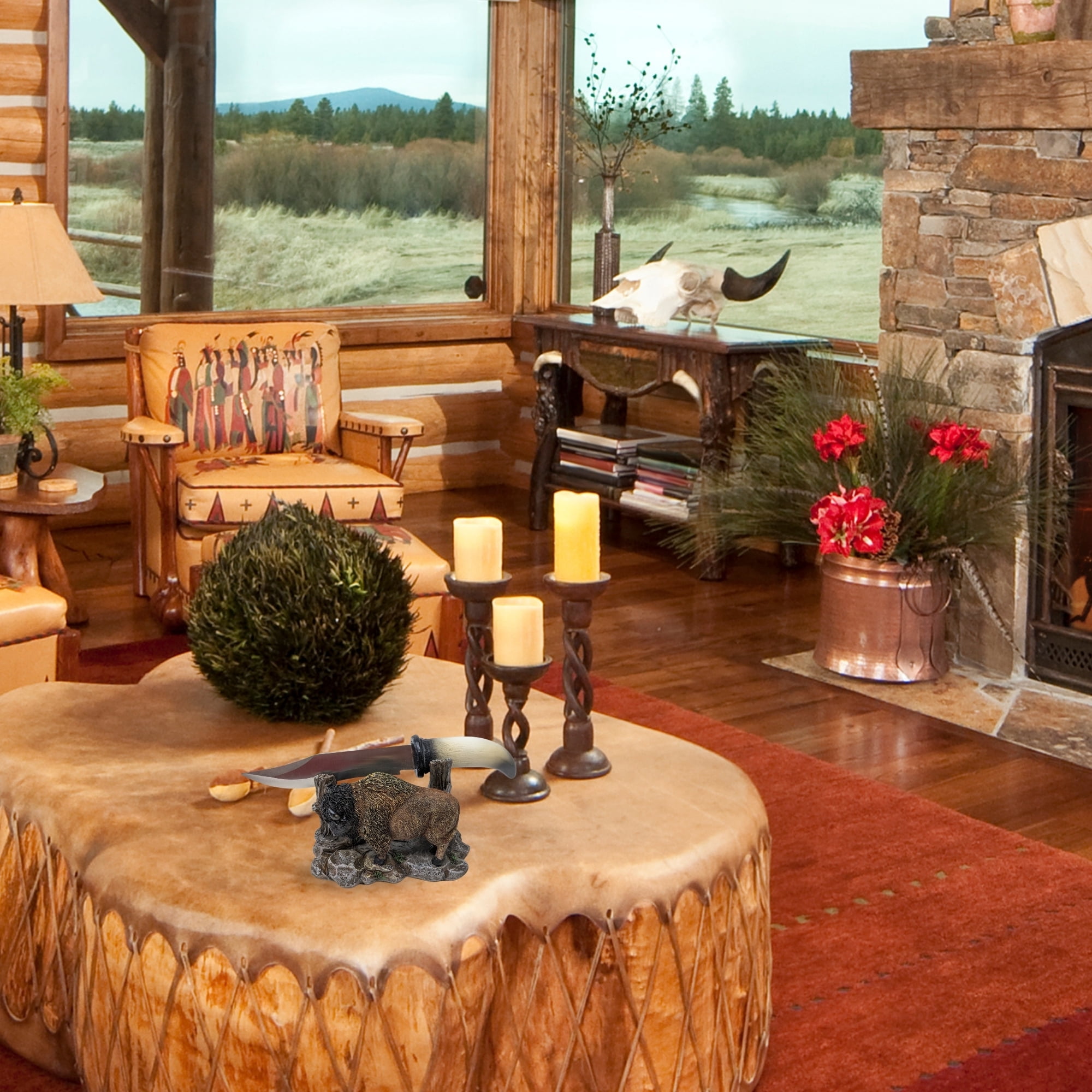 BestGiftEver Buffalo Horn-Inspired Blade Knife with Rustic Bison Stand, Cabin Lodge Decor