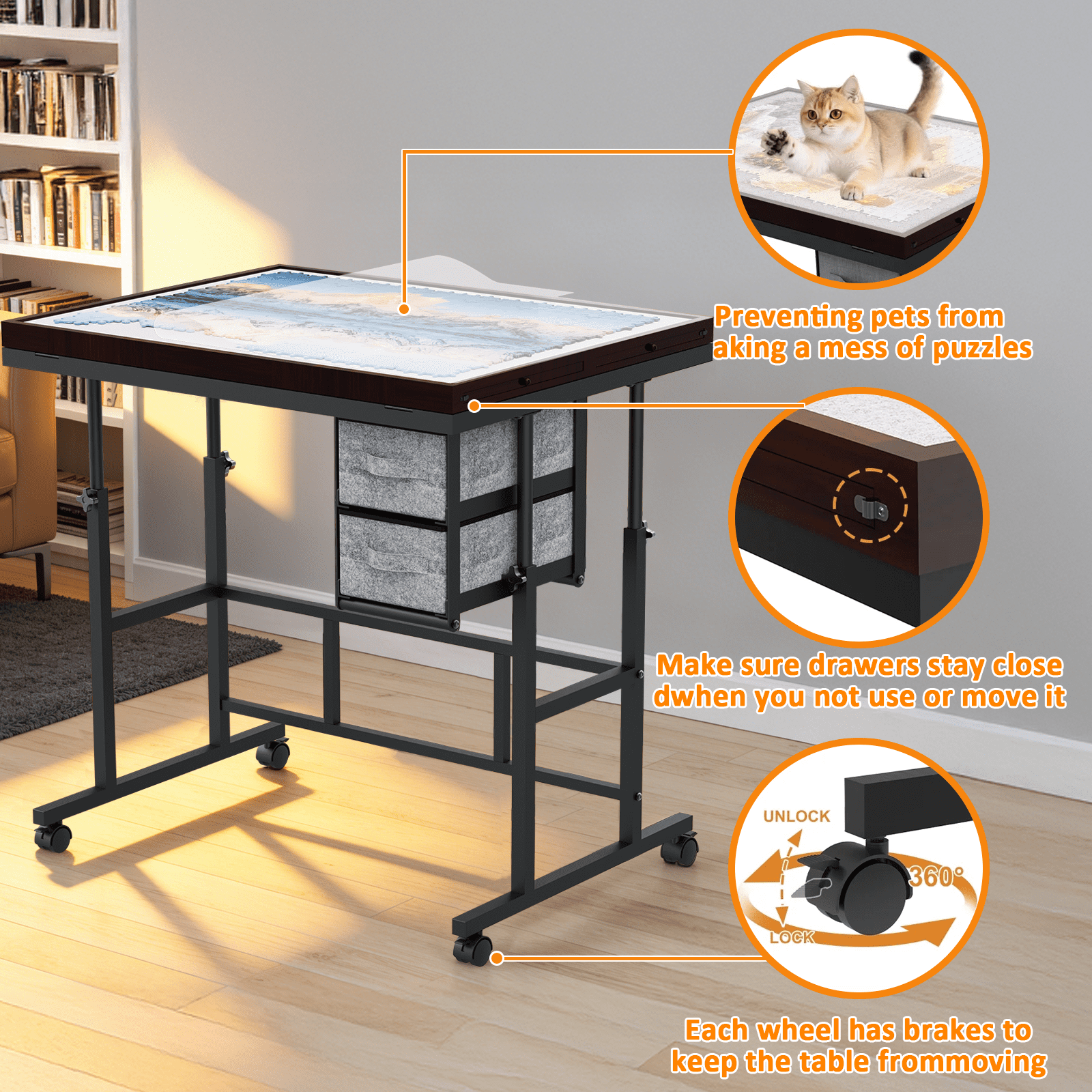 Jigsaw Puzzle Table with Legs and Wheels, Adjustable Height and Angles Puzzle Tables with 6 Drawers for Adults, with Protective Cover, 1500 Pieces, Coffee&Gray