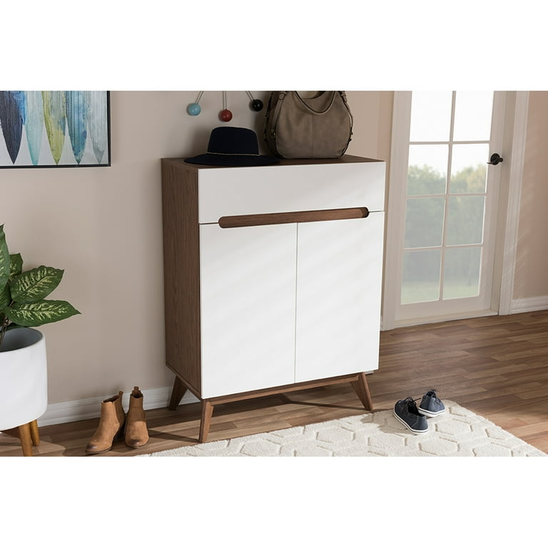 Baxton Studio Calypso Mid-Century Modern White and Walnut Wood Storage Shoe Cabinet Baxton Studio Calypso Mid-Century Modern White and Walnut Wood Storage Shoe Cabinet