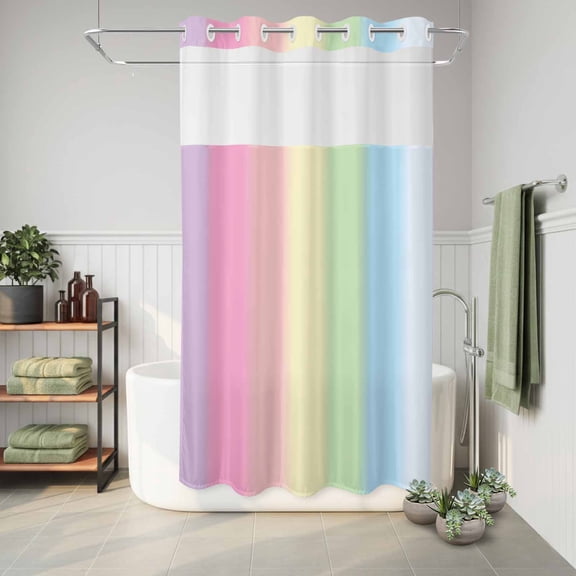 No Hook Shower Curtain with Built-In Rings, Candy Rainbow Washable Waterproof Fabric Curtain with Mesh Top Window for Bathroom, Stripes 36"x72"