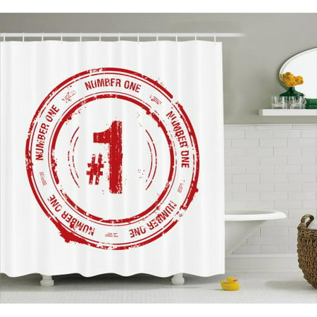 Number Shower Curtain, Number One Old Fashioned Grunge Stamp at Top Best Leader Emblem Design, Fabric Bathroom Set with Hooks, 69W X 70L Inches, Vermilion and White, by