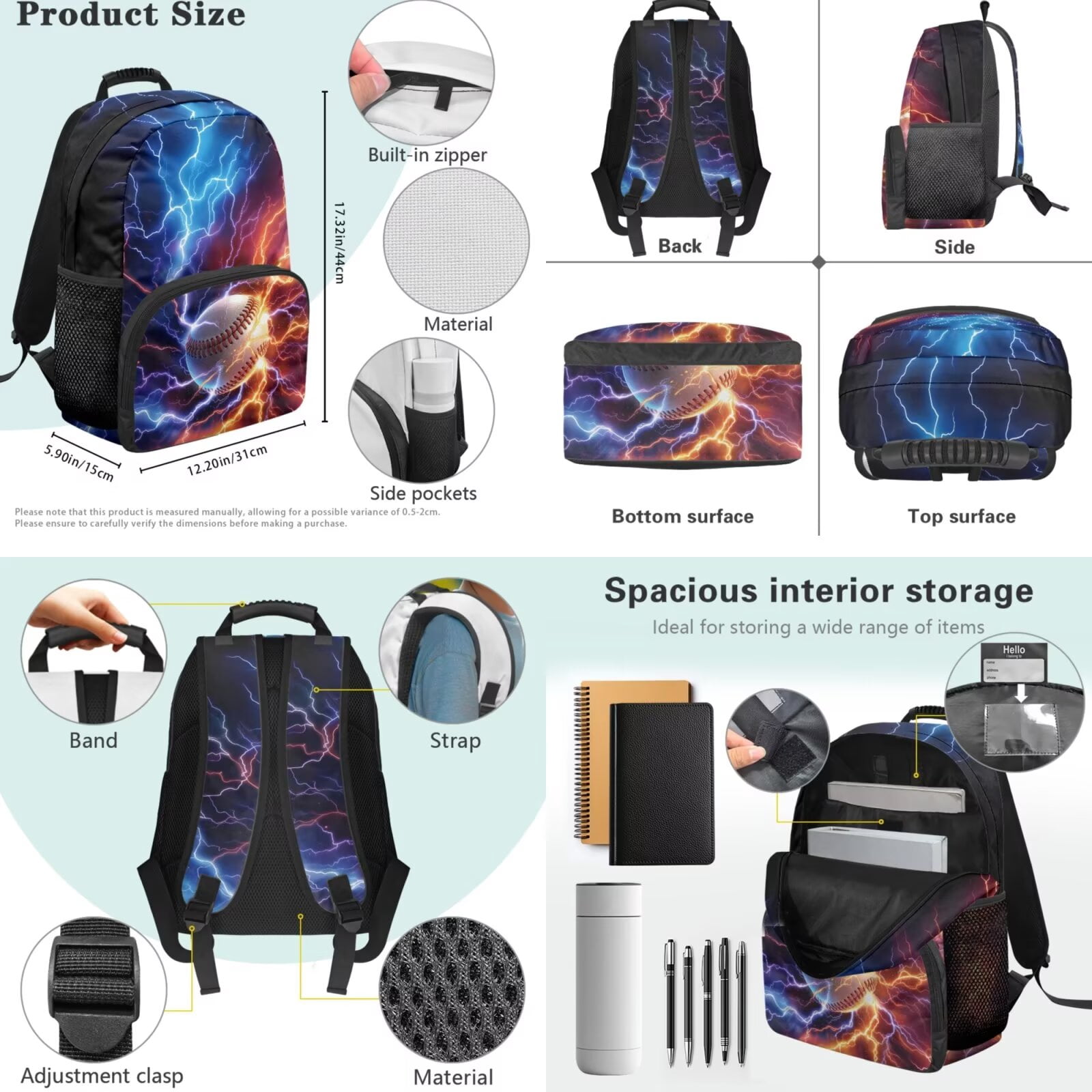 XYZCANDO Baseball 4Pcs Boys Backpack Set with Portable Lunch Bag Multifunctional Pencil Case Water Bottle Bag Lightweight Ice and Fire Bookbag for Travel Sports