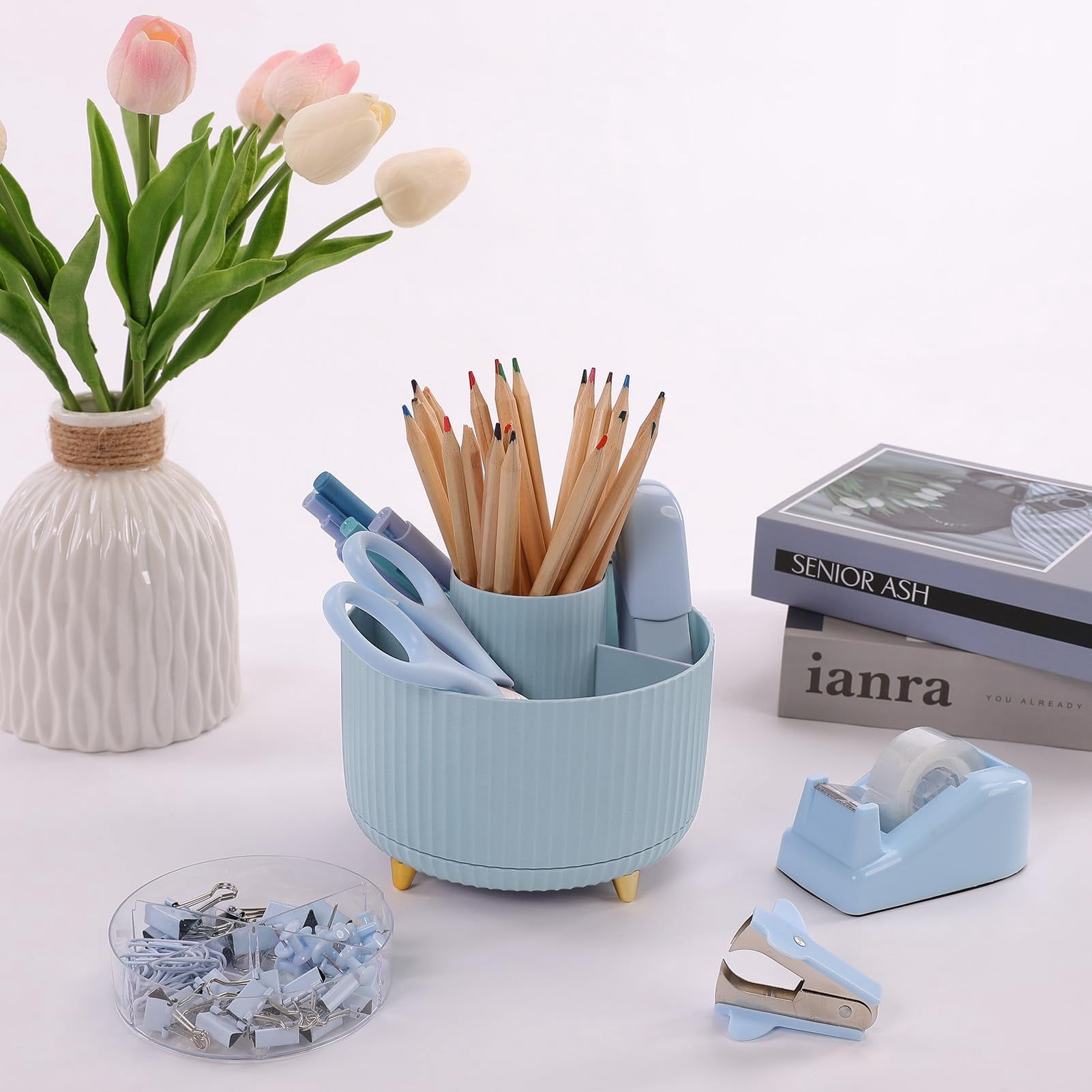 Desk Organizers And Accessories 10pcs  360-degree Rotating Pen Holder Stapler Staple Remover Tape Dispenser 2pcs Refills Binder Paper Clips Kit Scissor (blue)