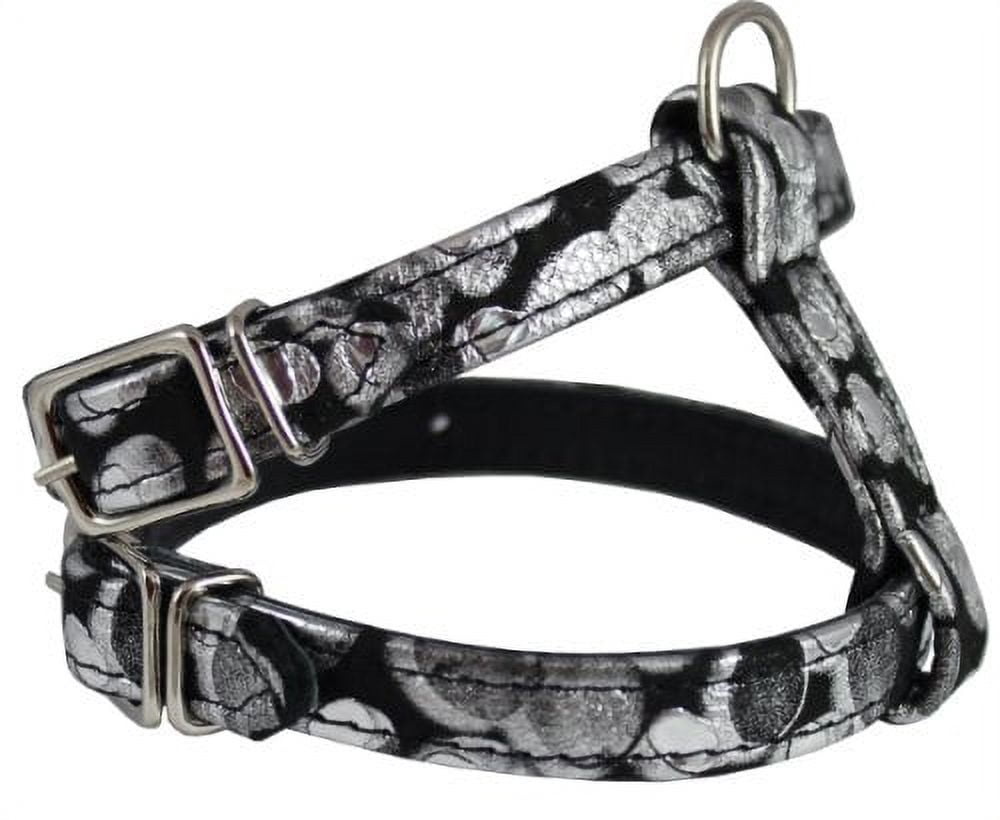 Luxury Black Genuine Leather Silver Print Dog Harness for Toy Breeds. Fits for 11"-14" chest size Yorkshire Terrier, Puppies