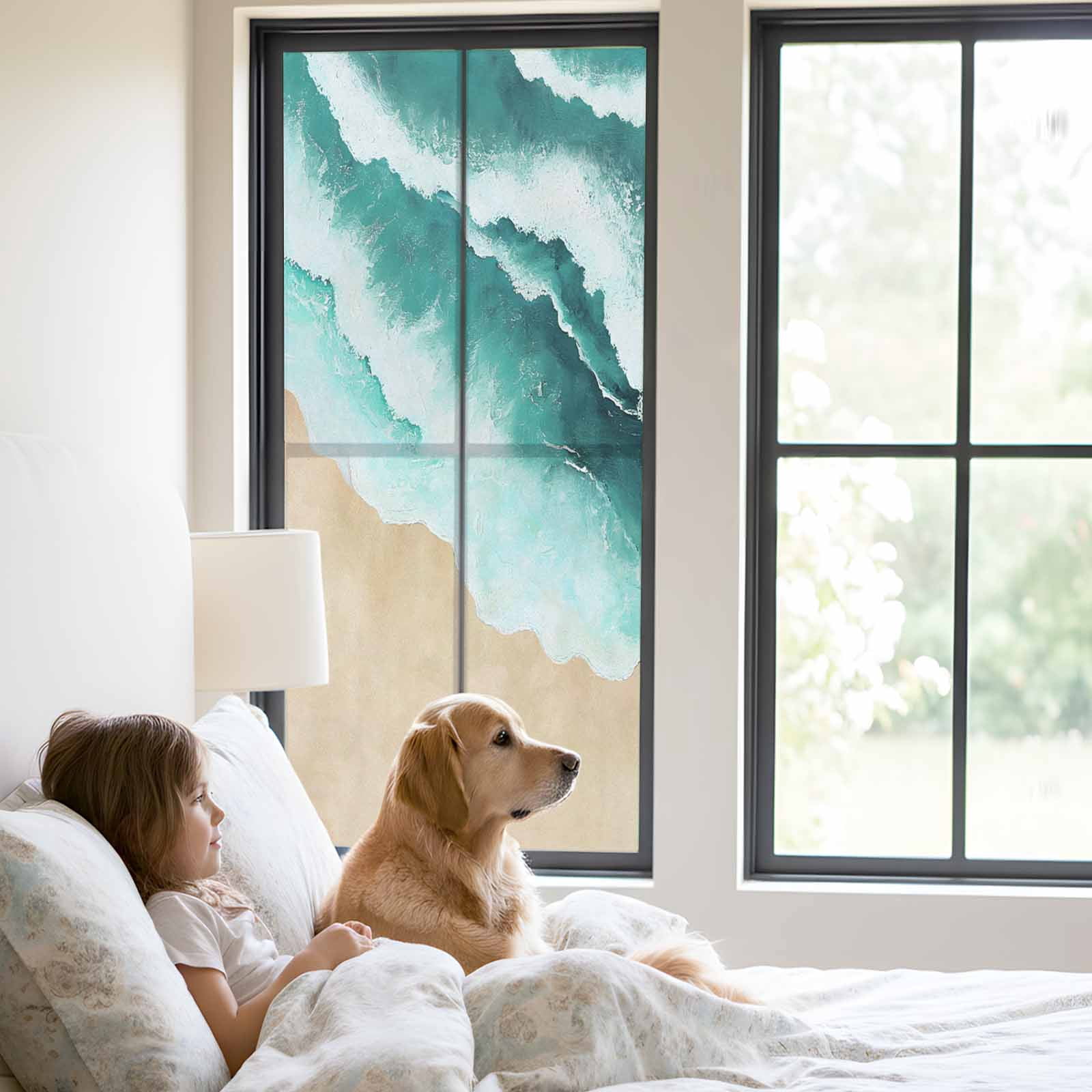 Abstract Watercolor Window Privacy Film, Gradient Green Waves Beach Seaside Frosted Glass Window Clings Static Cling UV Heat Blocking Reusable Door Sticker for Bathroom 23.6 x 59 Inch