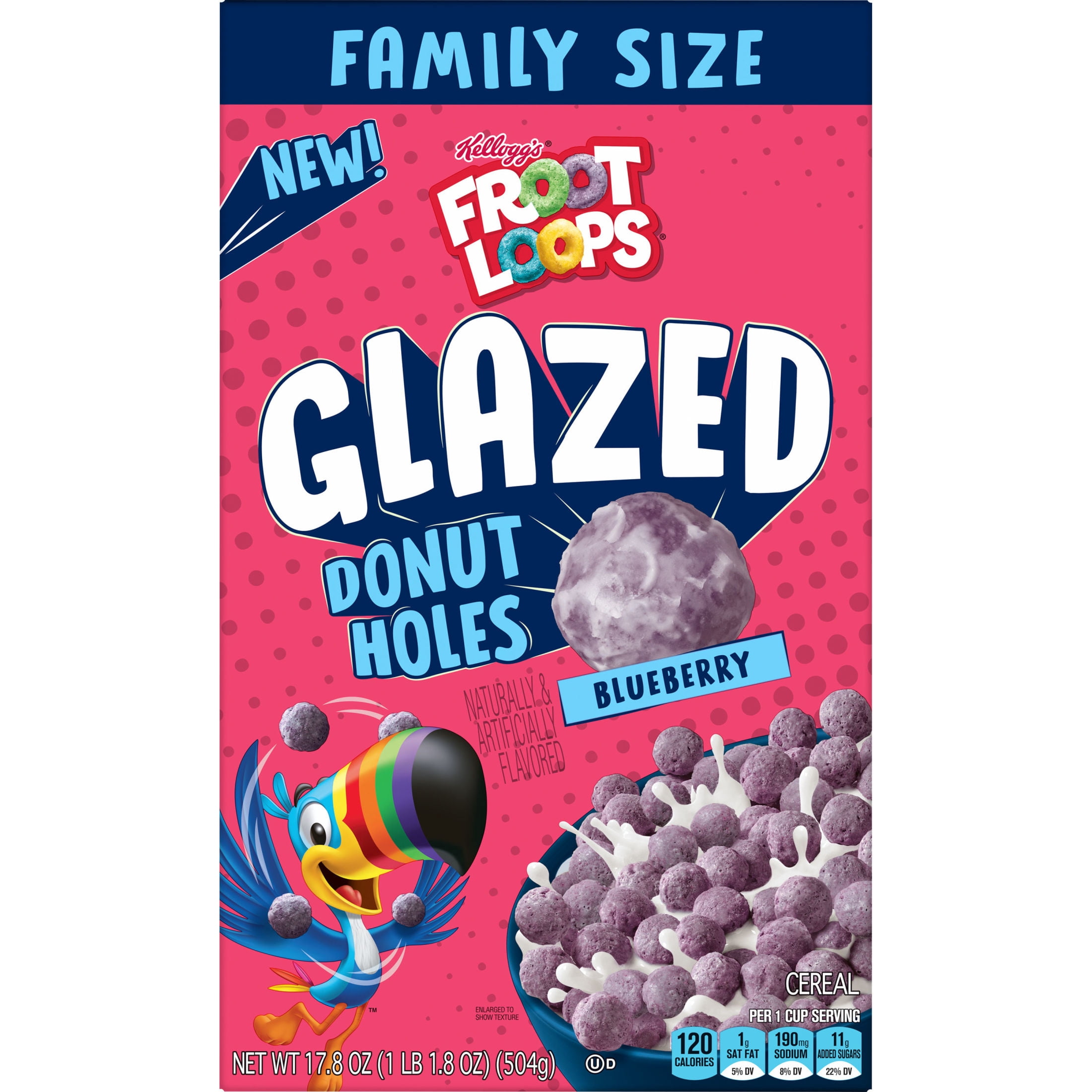 Kellogg's Froot Loops Glazed Donut Holes Blueberry Breakfast Cereal, Kids Cereal, Family Size, 17.8 oz
