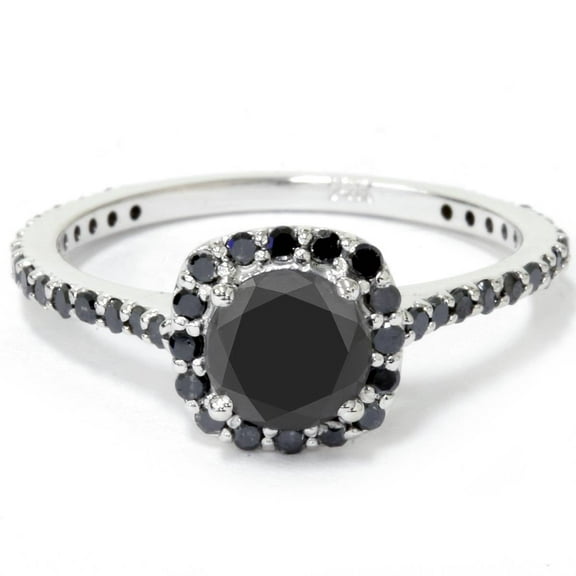 Pompeii 1 1/4ct Cushion Halo Black Diamond Engagement Ring 14K White Gold (Black,I2-I3)