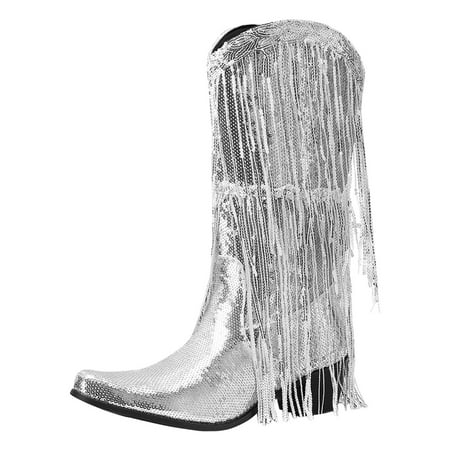 GHSOHS Cowboy Boots for Women Black Ankle Boots for Women Mid Calf Boots Sequin Decoration Tassel Boots Pointed Thick Heels Slip On Shoes Rain Boots Dress Shoes Comfort Boots Size 40