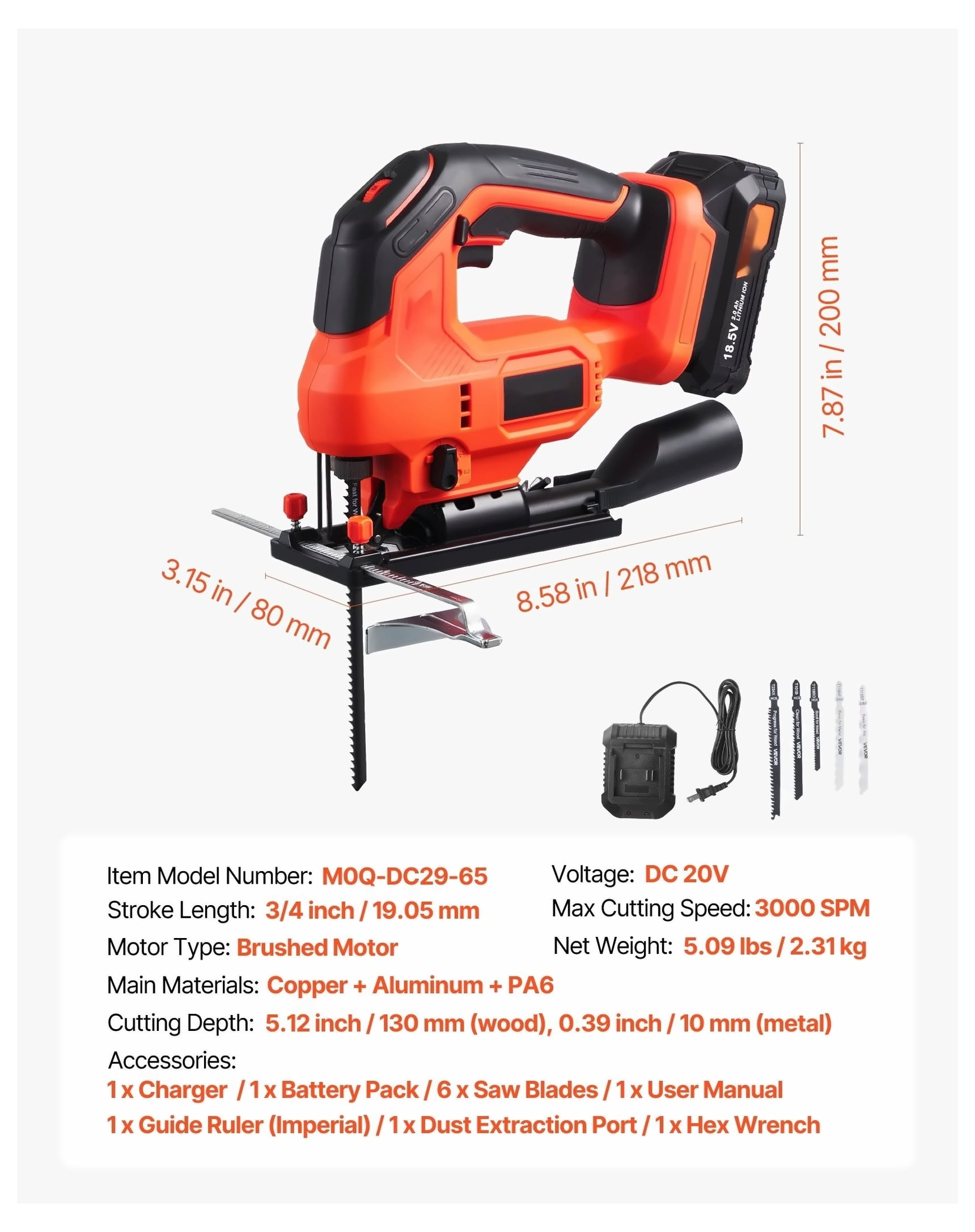 Cordless Jig Saw, 20 V, 3000 SPM Blade Speed, Cordless Jigsaw with Battery and Charger, LED Light, 6 Variable Speed, 0- 45° Bevel Cuts, with 6 pcs Blades, 4 Orbital Settings, for Wood, Metal