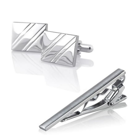 Zodaca For Men's Attire Tuxedo Silver Square Diagonal Ribbed Cufflinks+Tie Clip