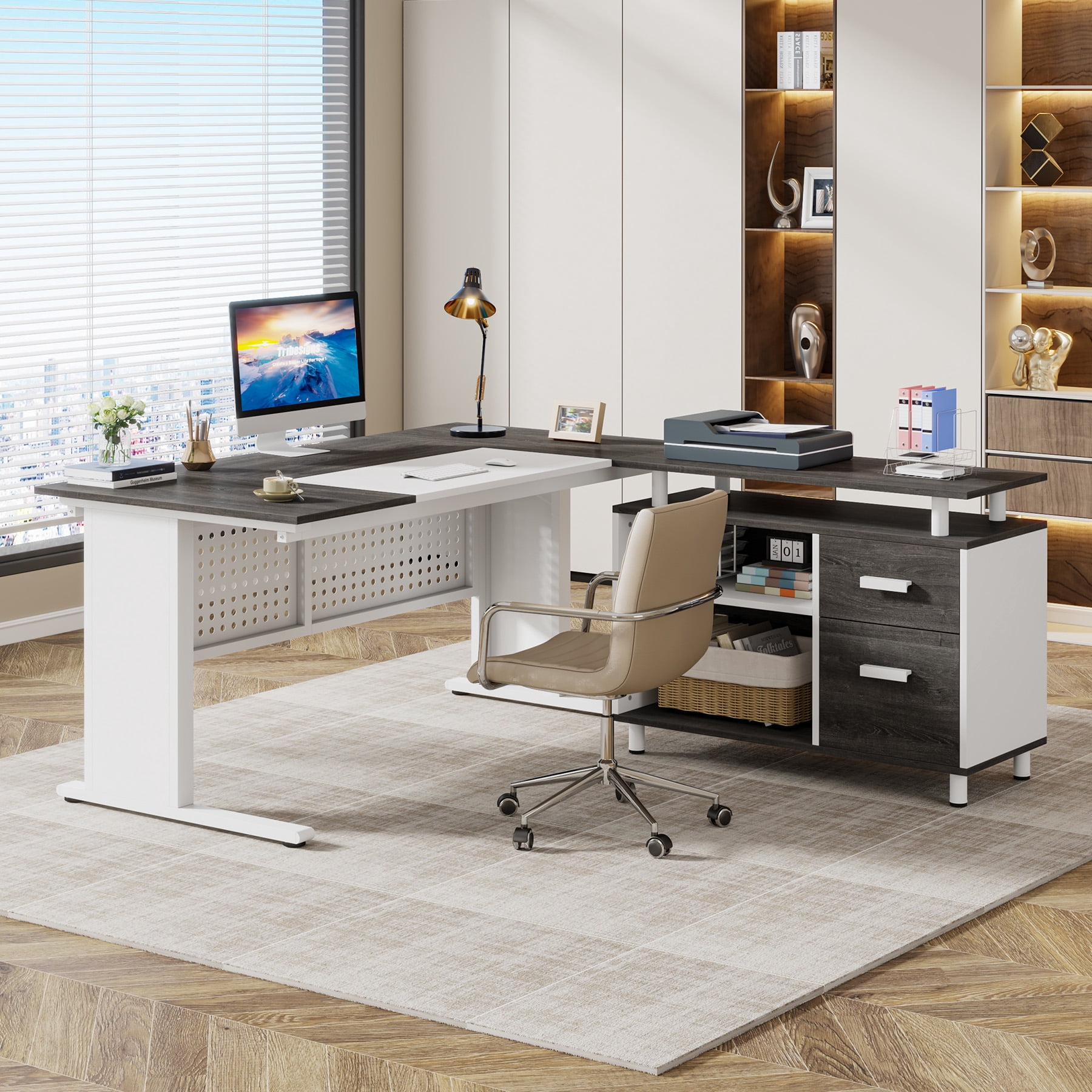 Tribesigns 63 Inch Executive Desk with File Cabinet, Large Office Desk L Shaped Computer Desk with Drawers and Storage Shelves, Business Furniture Desk Workstation for Home Office, Gray and White