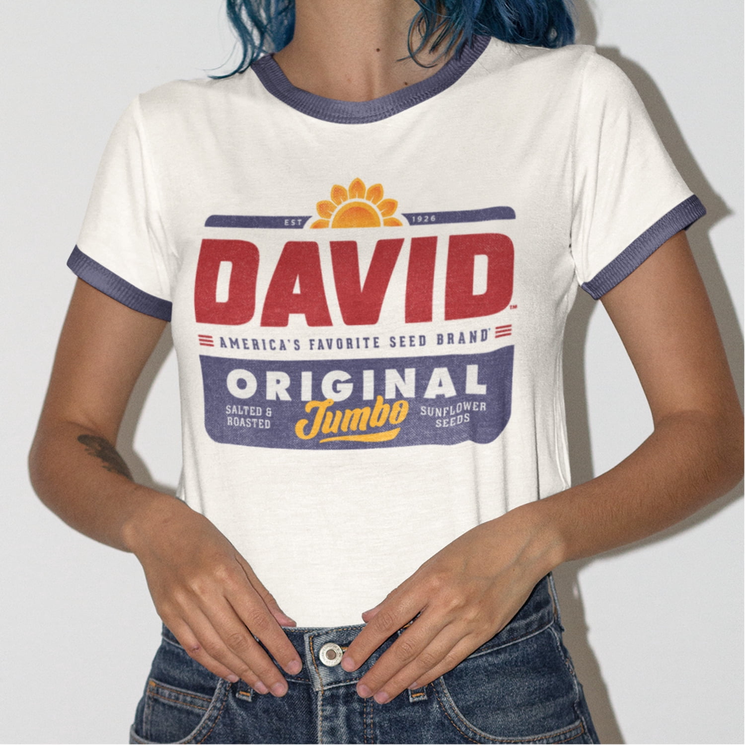 Official DAVID® Sunflower Seeds T-Shirt – Retro Ringer Tee | Vintage Baseball Snack Shirt