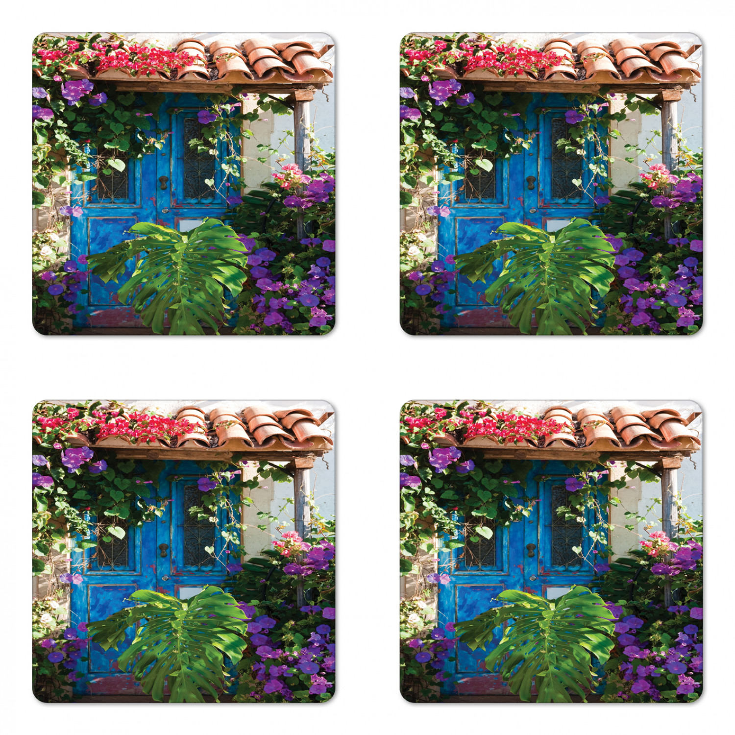 Rustic Coaster Graphics Rustic Coaster Set of 4, Charm of Old Door Overgrown Exotic Flower ...