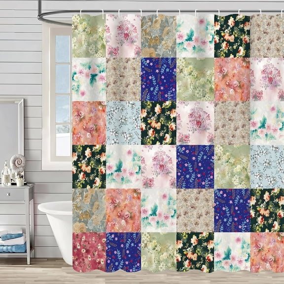 72x72in Vintage Boho Floral Patchwork Shower Curtain for Bathroom Decor